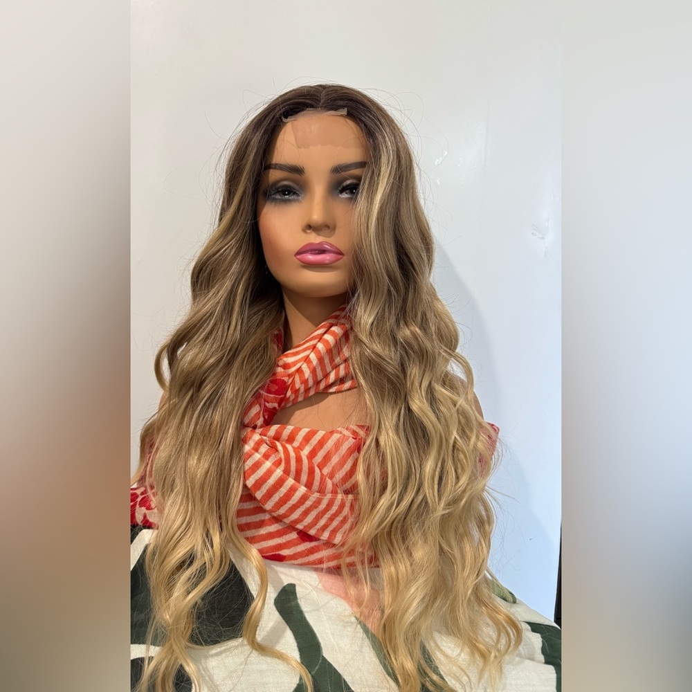 WIG Long Ombre Medium  Blonde Wig with Dark Roots - Front Closure Mesh - Picture 2 of 9